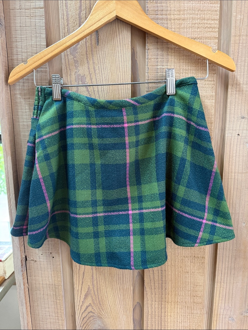 Free People Green Plaid Circle Skirt with Pink Accents